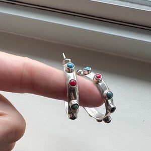 Silver Hoop Earrings with Multicolor Stones